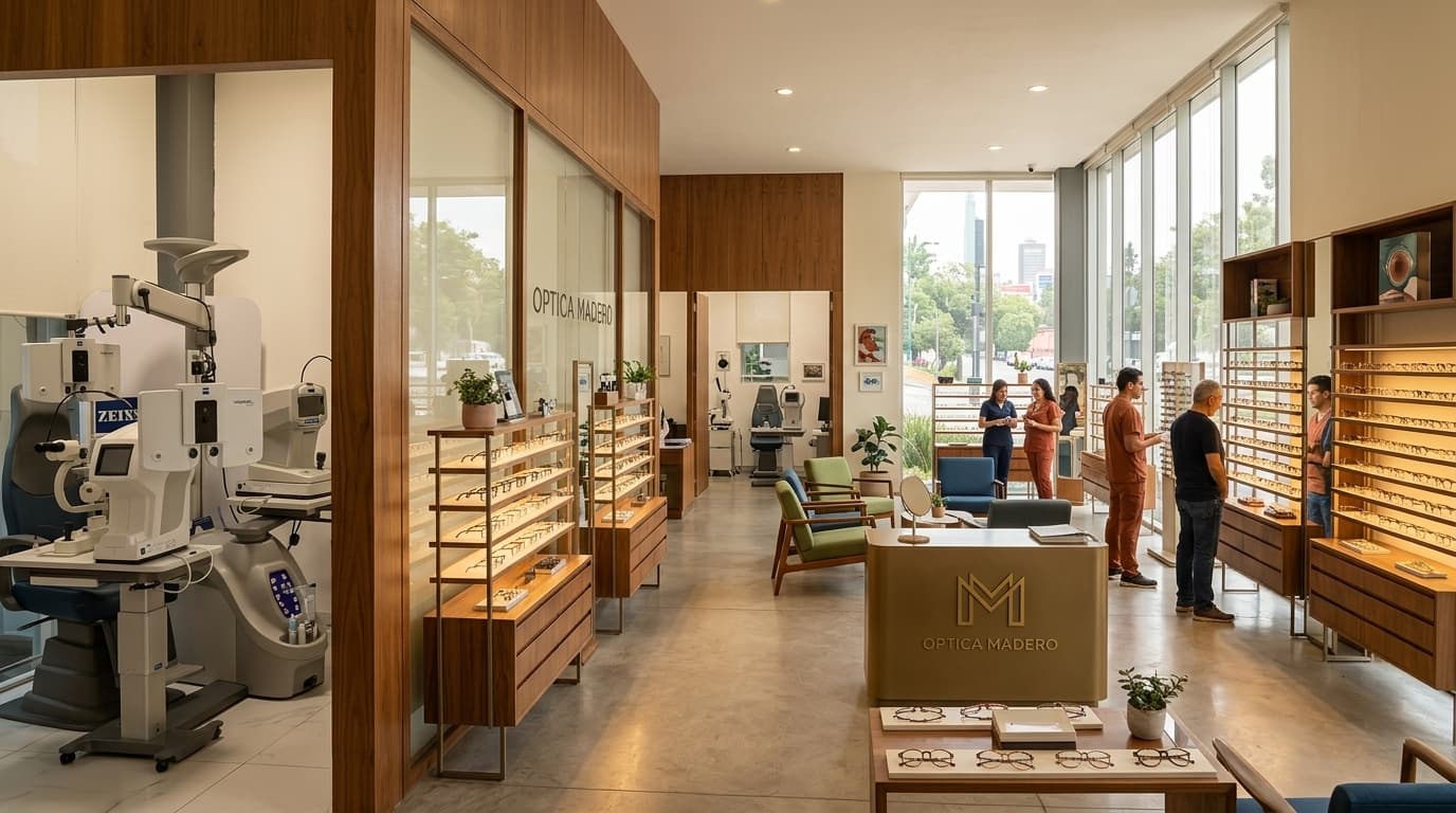 Showroom y consultorio optométrico moderno de Óptica Madero con acabados en madera cálida y equipo de vanguardia.