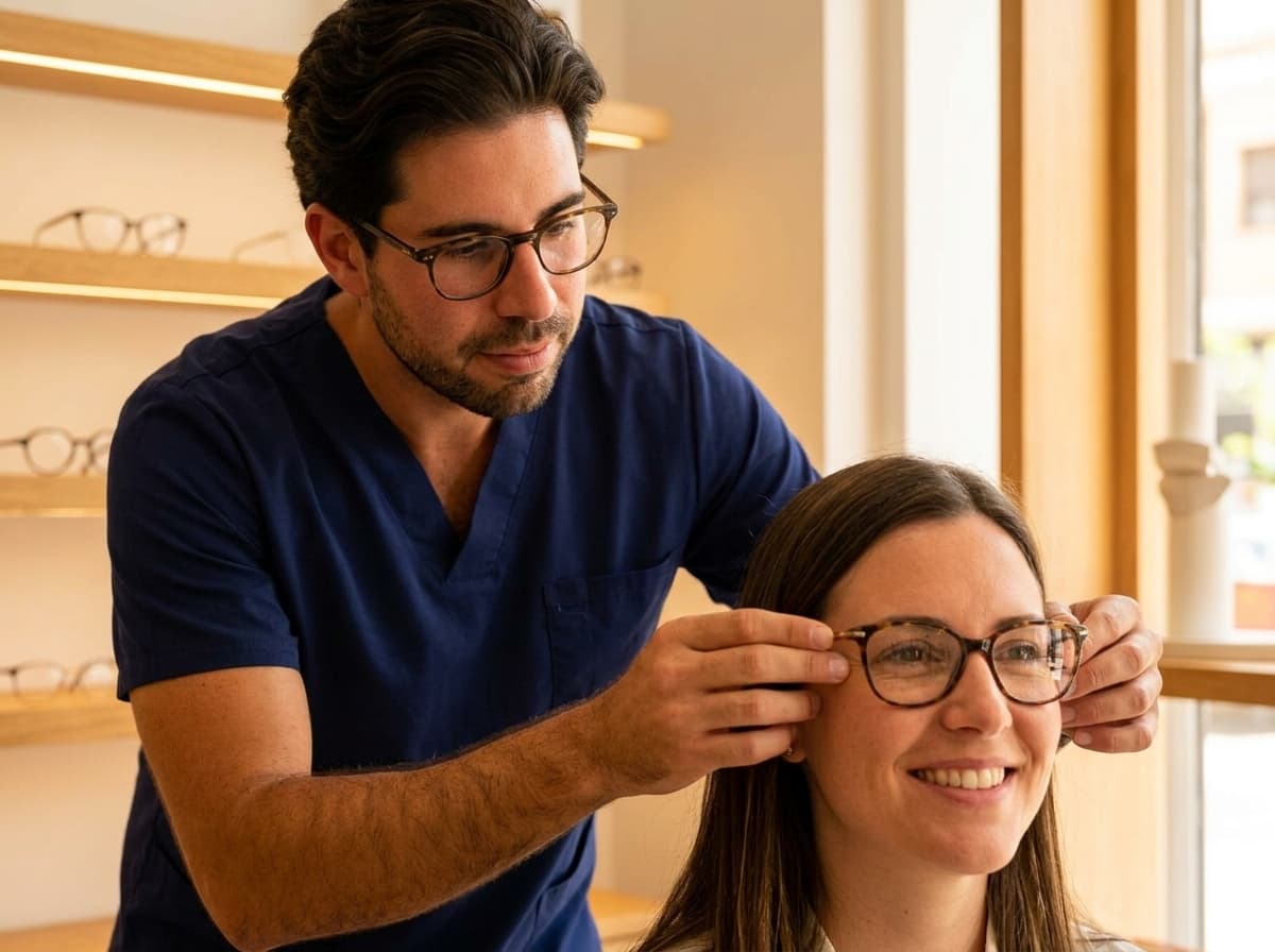 Optometrista profesional graduando y ajustando armazones con atención personalizada a una paciente.